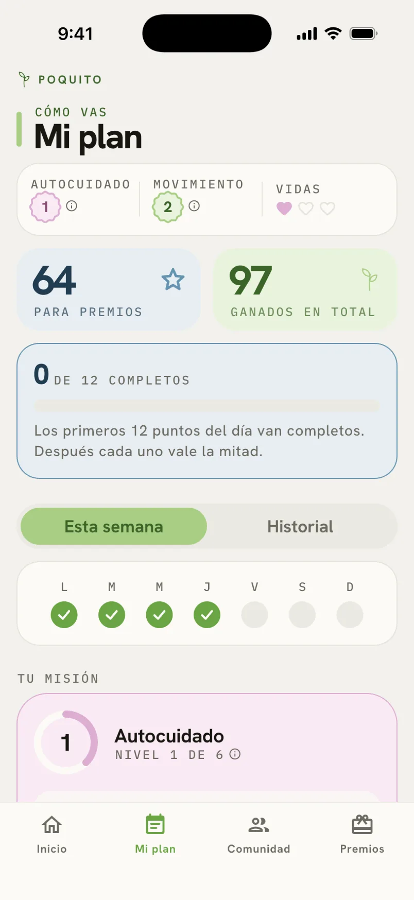 Captura de Poquito: Niveles y tu semana